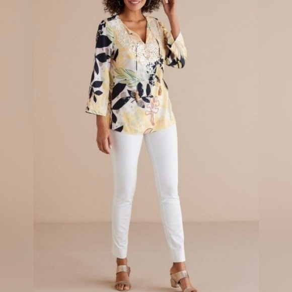 Soft Surroundings Vigne Tropical Yellow Black Shell Tunic Blouse Pearl Sz Small - Picture 2 of 10